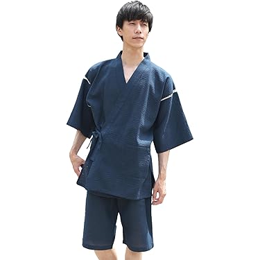 しじら織 甚平 ジンベイ キングサイズ 4L 濃茶 風神雷神の手書き絵 綿